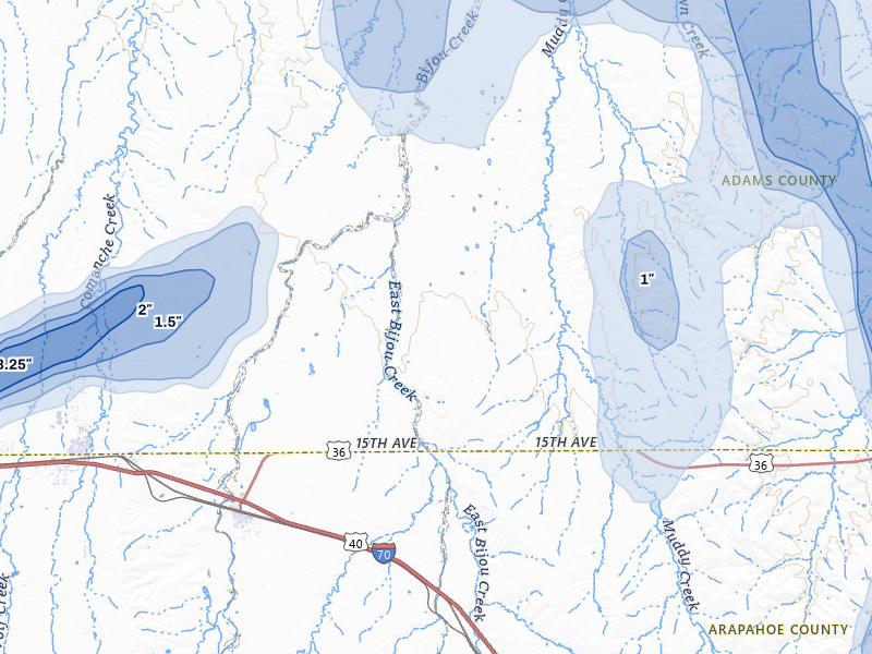 NEXRAD radar-signature map of the hail storm over Byers, CO on Jun 1, 2026