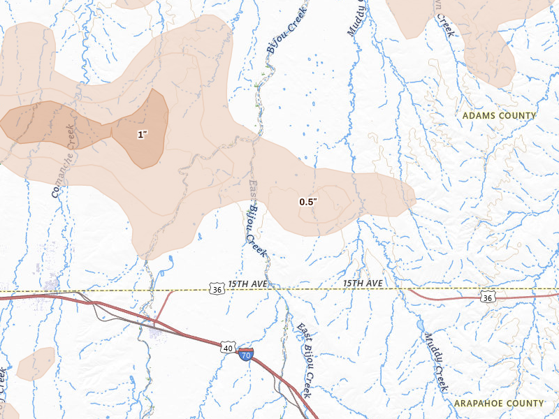 Radar-estimated hail-size map of the storm over Byers, CO on Jun 8, 2026