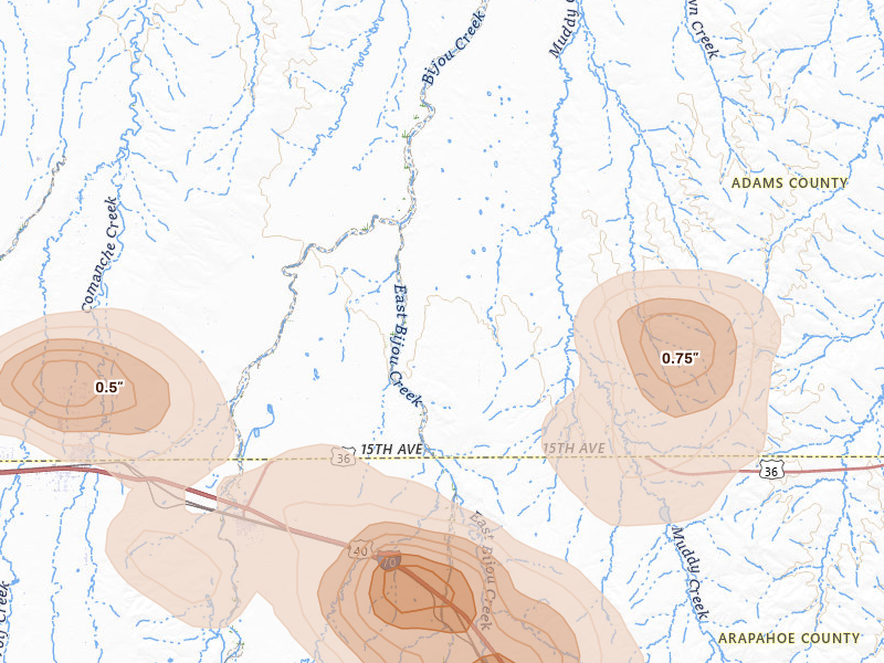 Radar-estimated hail-size map of the storm over Byers, CO on Jun 24, 2026