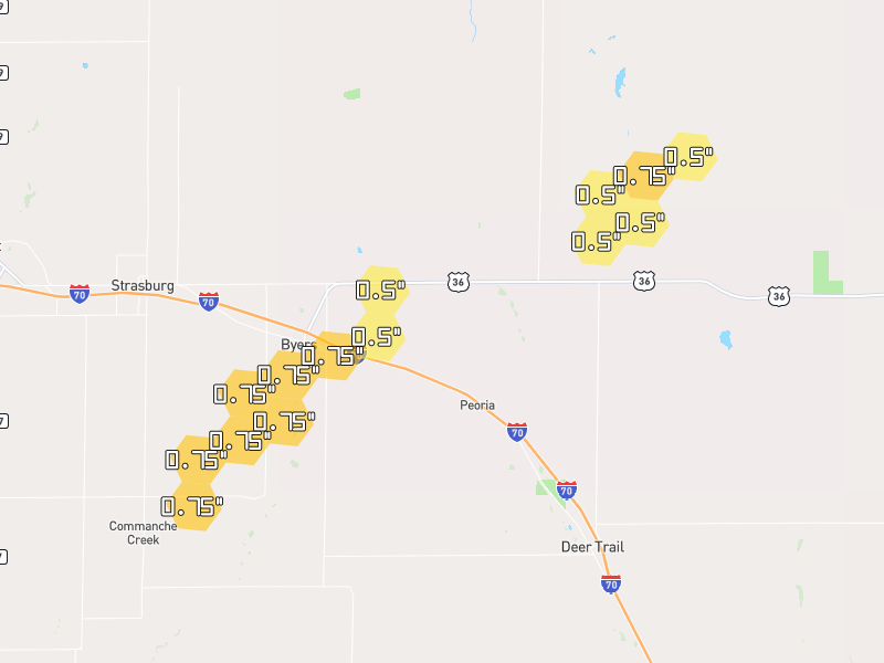 Hail map of Byers, CO on Jul 2, 2026, hail up to 0.75"