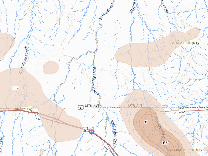Radar-estimated hail-size map of the storm over Byers, CO on Jul 8, 2026