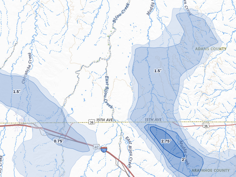 NEXRAD radar-signature map of the hail storm over Byers, CO on Jul 8, 2026