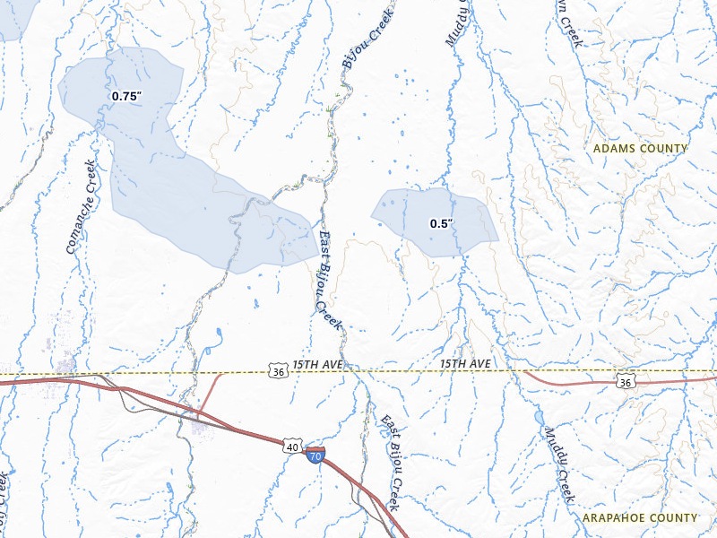 NEXRAD radar-signature map of the hail storm over Byers, CO on Jul 10, 2026