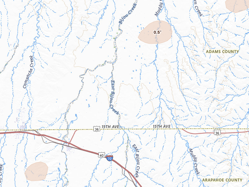 Radar-estimated hail-size map of the storm over Byers, CO on Jul 22, 2026