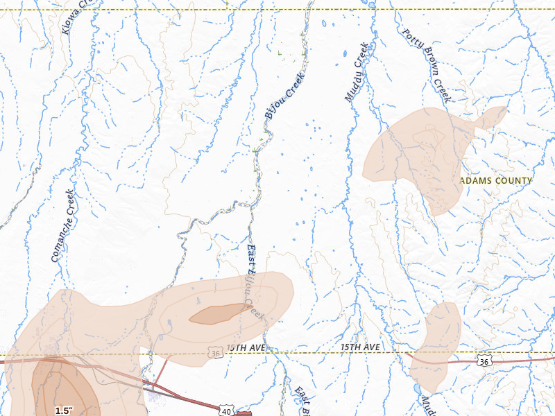 Radar-estimated hail-size map of the storm over Byers, CO on Aug 14, 2026