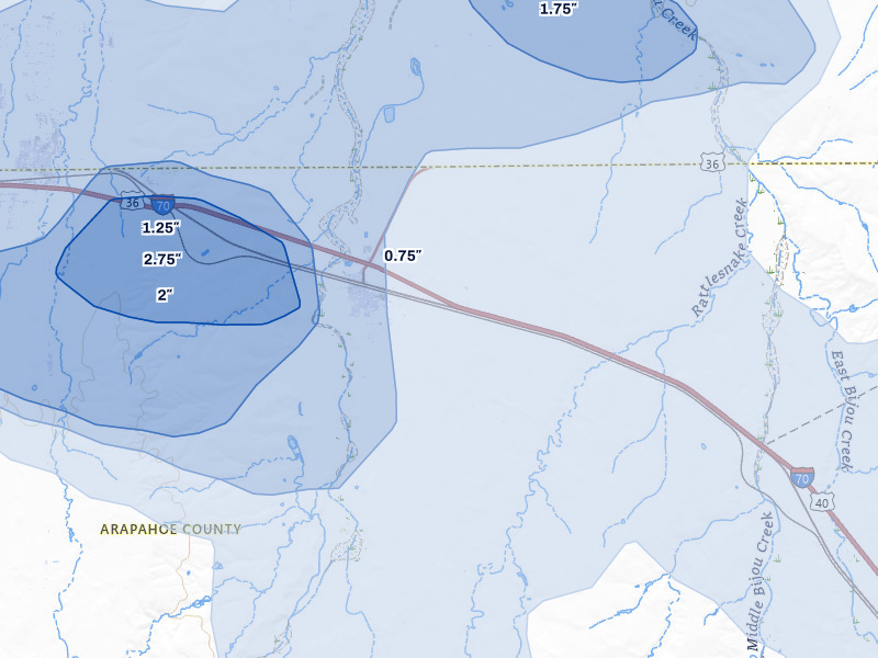 NEXRAD radar-signature map of the hail storm over Byers, CO on Aug 14, 2026