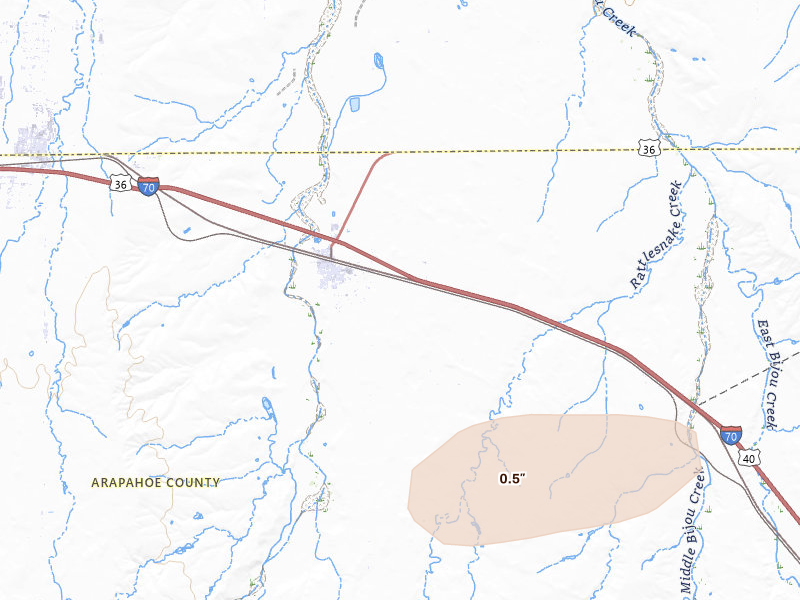Radar-estimated hail-size map of the storm over Byers, CO on Aug 15, 2026