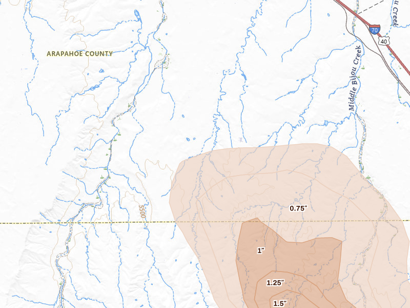 Radar-estimated hail-size map of the storm over Byers, CO on Aug 19, 2026