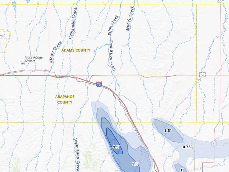 NEXRAD radar-signature map of the hail storm over Byers, CO on Aug 19, 2026