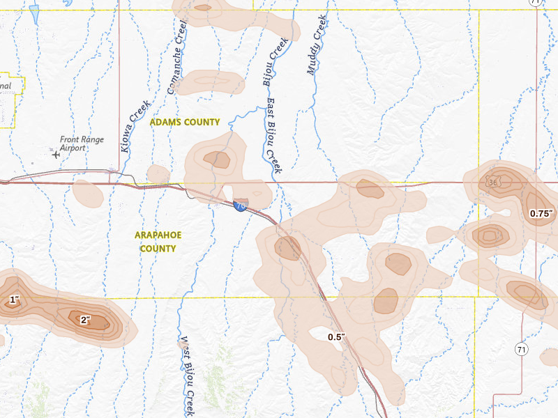 Radar-estimated hail-size map of the storm over Byers, CO on Aug 26, 2026