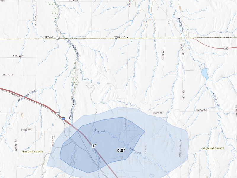NEXRAD radar-signature map of the hail storm over Byers, CO on Aug 26, 2026
