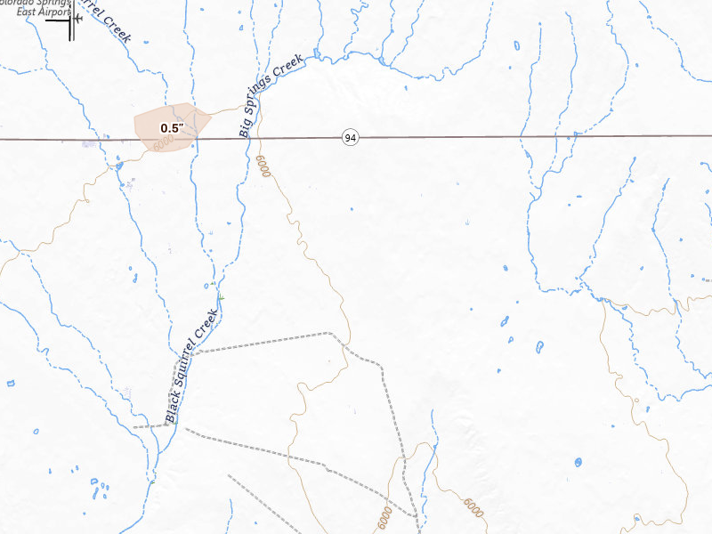 Radar-estimated hail-size map of the storm over Calhan, CO on Apr 27, 2026
