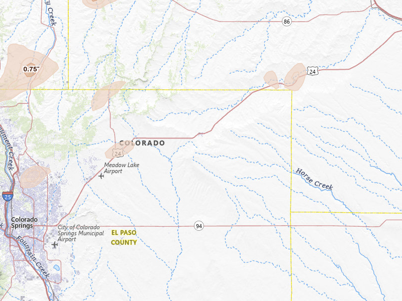 Radar-estimated hail-size map of the storm over Calhan, CO on Jun 1, 2026
