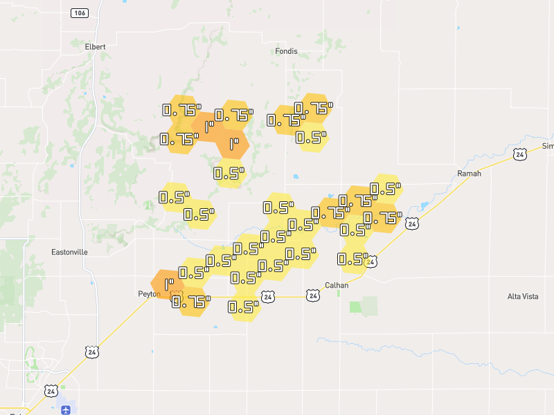 Hail map of Calhan, CO on Jun 1, 2026, hail up to 1"