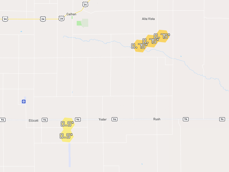 Hail map of Calhan, CO on Jun 7, 2026, hail up to 0.75"