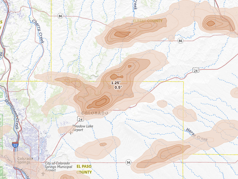 Radar-estimated hail-size map of the storm over Calhan, CO on Jun 23, 2026