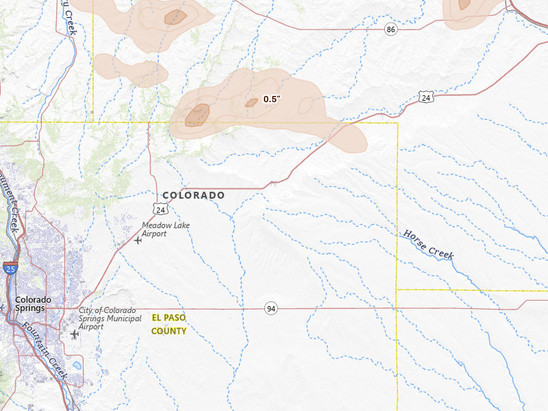 Radar-estimated hail-size map of the storm over Calhan, CO on Jun 26, 2026