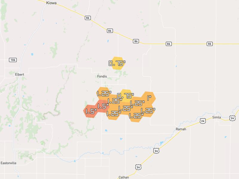 Hail map of Calhan, CO on Jun 26, 2026, hail up to 1.5"