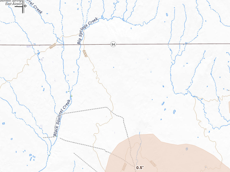Radar-estimated hail-size map of the storm over Calhan, CO on Jul 8, 2026