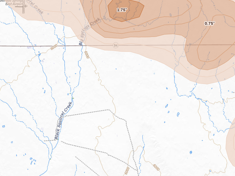 Radar-estimated hail-size map of the storm over Calhan, CO on Jul 28, 2026