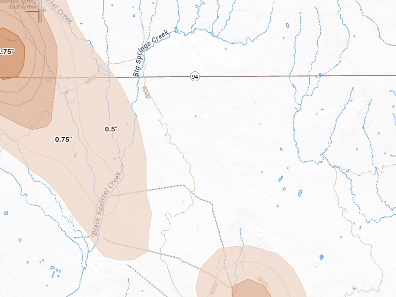 Radar-estimated hail-size map of the storm over Calhan, CO on Jul 31, 2026