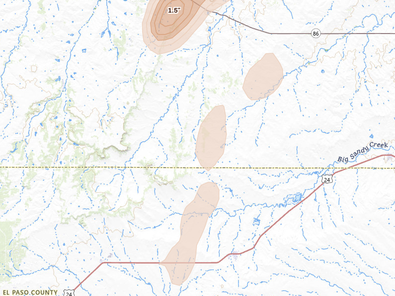 Radar-estimated hail-size map of the storm over Calhan, CO on Aug 14, 2026
