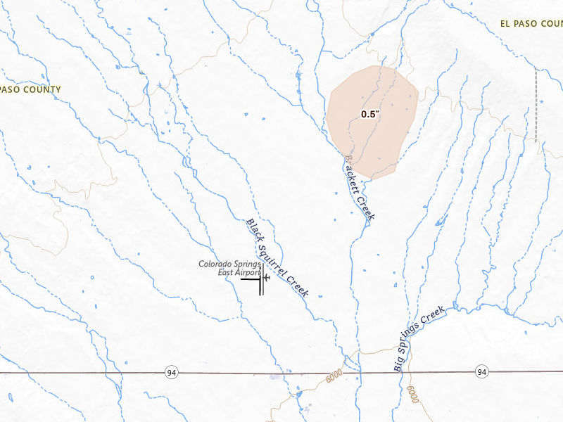 Radar-estimated hail-size map of the storm over Calhan, CO on Aug 15, 2026