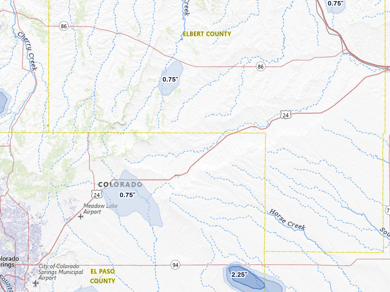 NEXRAD radar-signature map of the hail storm over Calhan, CO on Aug 15, 2026