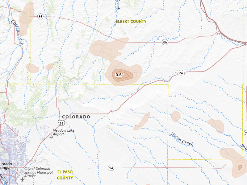 Radar-estimated hail-size map of the storm over Calhan, CO on Aug 16, 2026