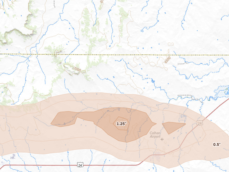 Radar-estimated hail-size map of the storm over Calhan, CO on Aug 19, 2026