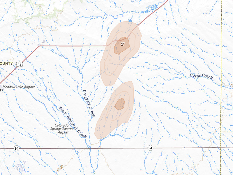 Radar-estimated hail-size map of the storm over Calhan, CO on Aug 22, 2026