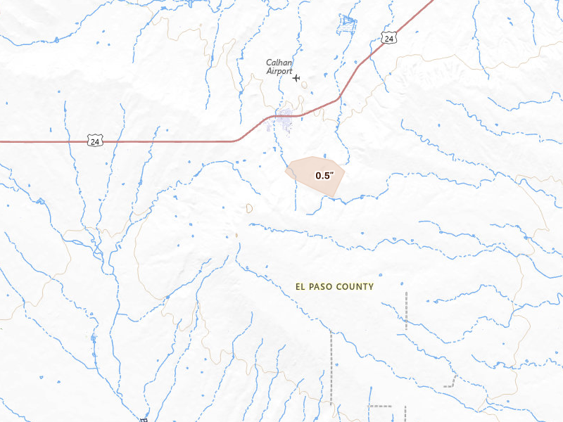 Radar-estimated hail-size map of the storm over Calhan, CO on Aug 26, 2026