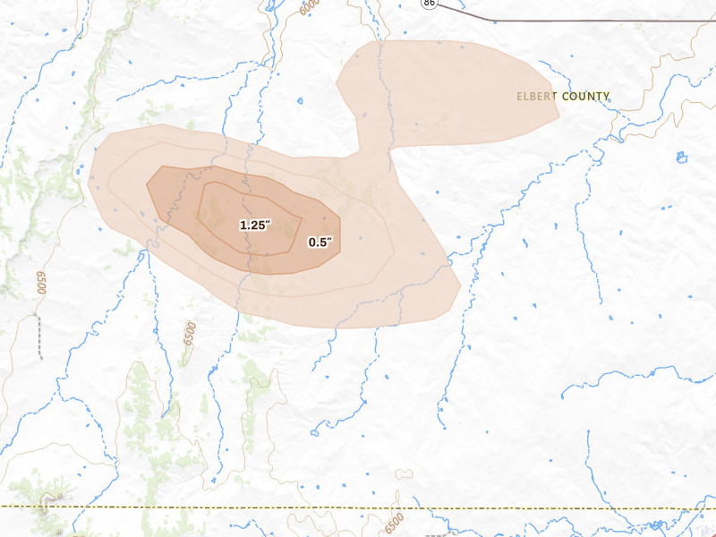 Radar-estimated hail-size map of the storm over Calhan, CO on Aug 27, 2026