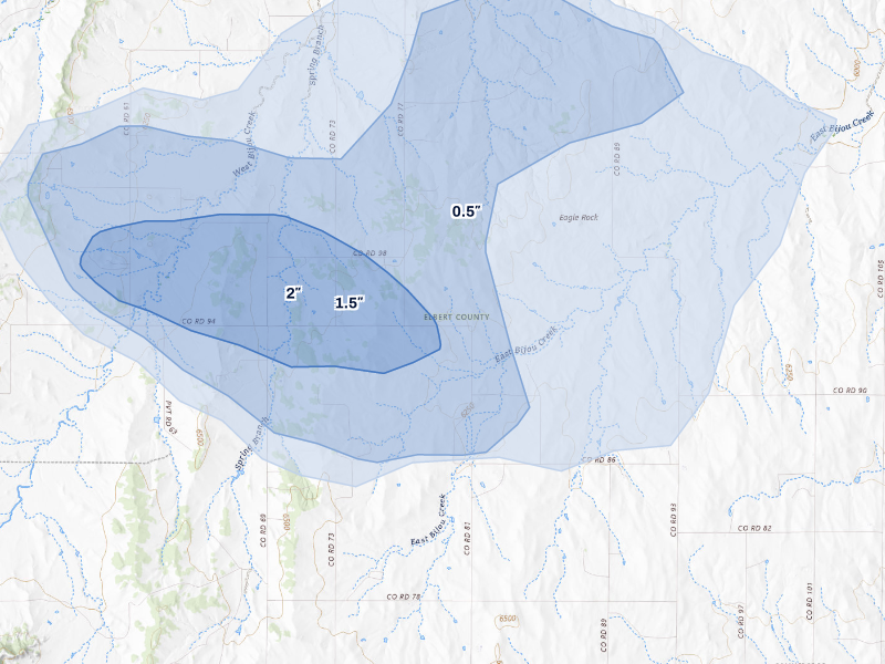 NEXRAD radar-signature map of the hail storm over Calhan, CO on Aug 27, 2026