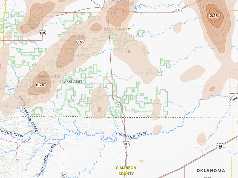 Radar-estimated hail-size map of the storm over Campo, CO on Aug 15, 2026