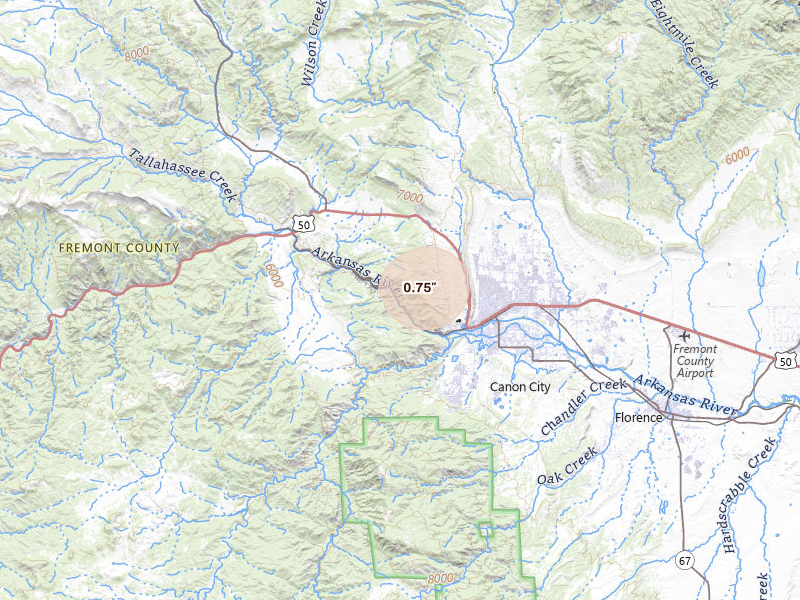 Radar-estimated hail-size map of the storm over Canon City, CO on May 29, 2026