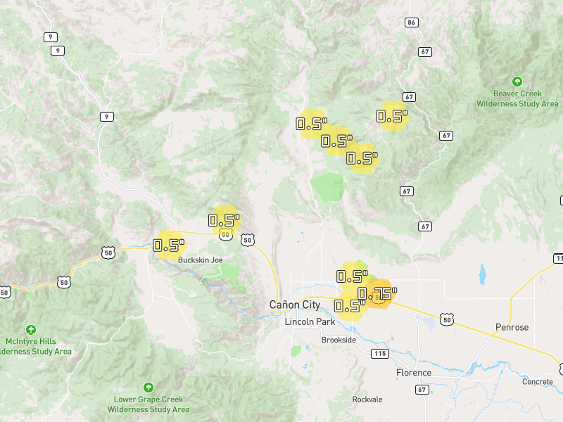 Hail map of Canon City, CO on Jul 5, 2026, hail up to 0.75"