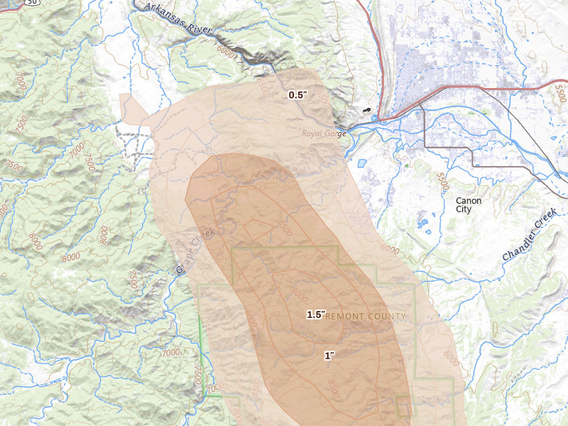 Radar-estimated hail-size map of the storm over Canon City, CO on Aug 19, 2026