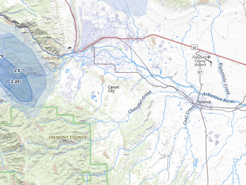 NEXRAD radar-signature map of the hail storm over Canon City, CO on Aug 19, 2026