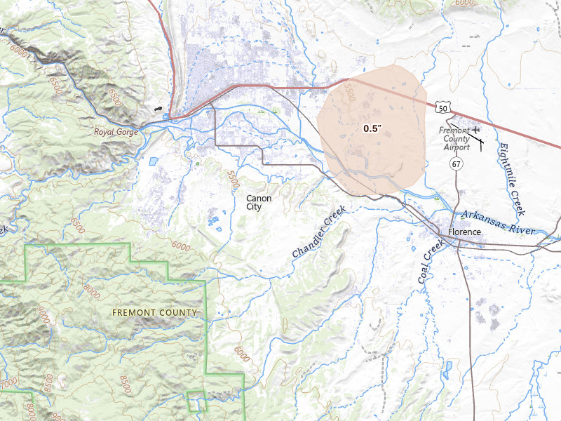 Radar-estimated hail-size map of the storm over Canon City, CO on Aug 20, 2026
