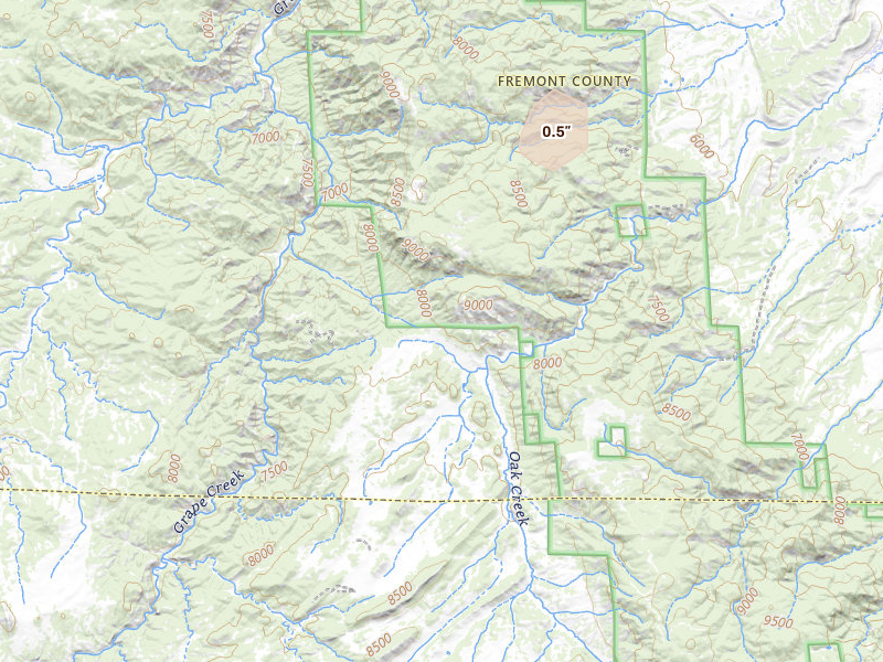 Radar-estimated hail-size map of the storm over Canon City, CO on Aug 25, 2026