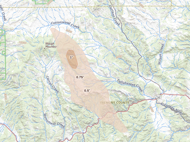 Radar-estimated hail-size map of the storm over Canon City, CO on Aug 26, 2026