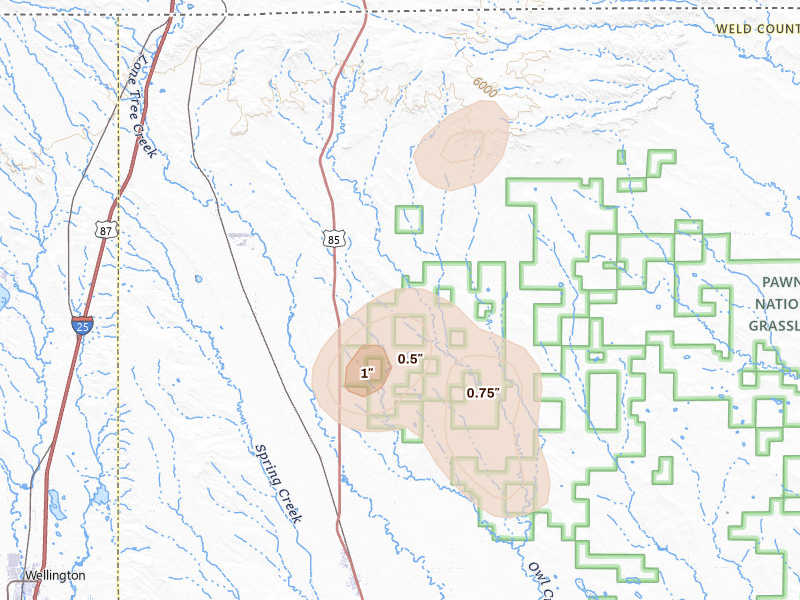 Radar-estimated hail-size map of the storm over Carr, CO on Aug 22, 2026