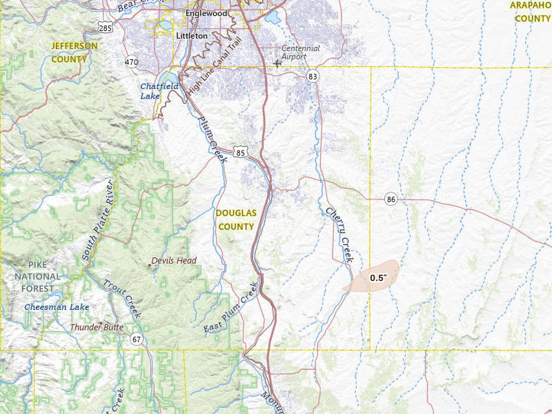 Radar-estimated hail-size map of the storm over Castle Rock, CO on May 17, 2026
