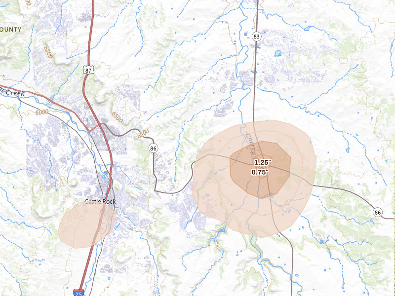 Radar-estimated hail-size map of the storm over Castle Rock, CO on Jun 3, 2026