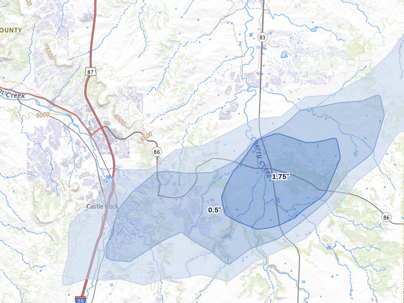 NEXRAD radar-signature map of the hail storm over Castle Rock, CO on Jun 3, 2026