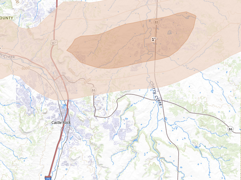 Radar-estimated hail-size map of the storm over Castle Rock, CO on Jun 8, 2026