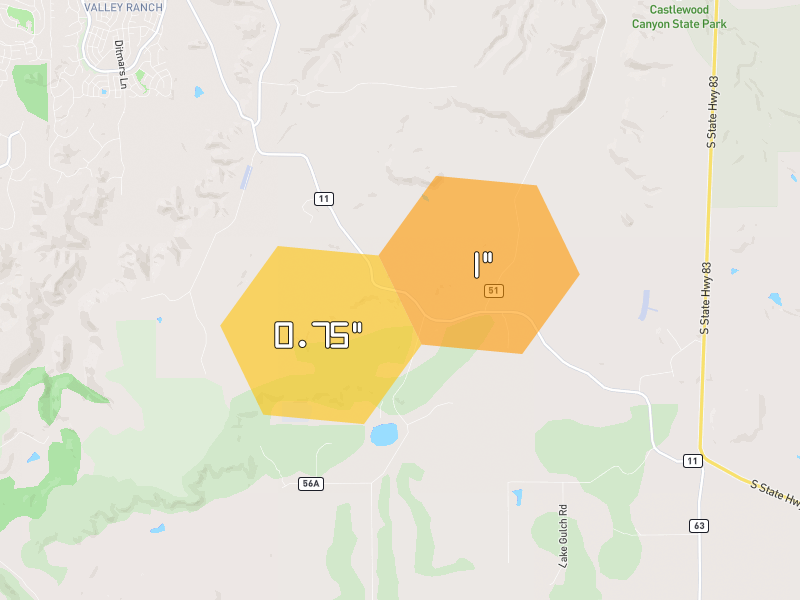Hail map of Castle Rock, CO on Jun 26, 2026, hail up to 1"