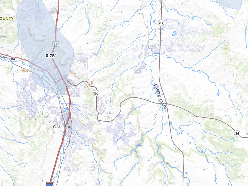 NEXRAD radar-signature map of the hail storm over Castle Rock, CO on Jul 25, 2026