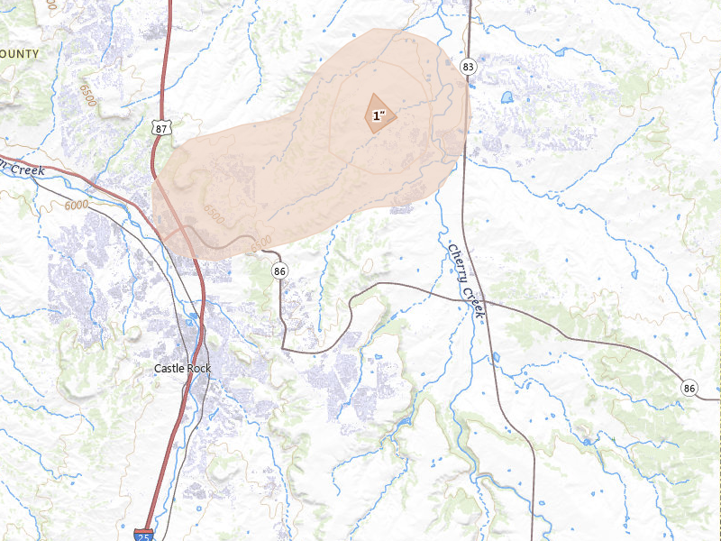 Radar-estimated hail-size map of the storm over Castle Rock, CO on Jul 28, 2026